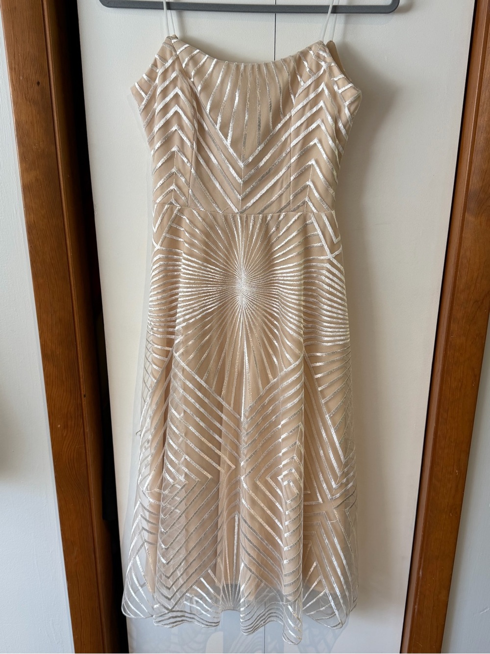 Michele Laperle Art Deco Geometric Foil Champagne A-Line Midi Dress - XS